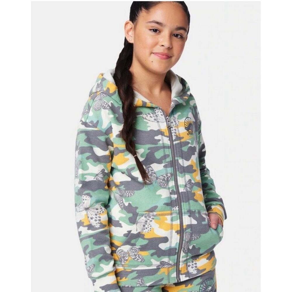 Justice Army Green Butterflies Fleece Full Zip Up Hoodie Jacket Size L 12/14
